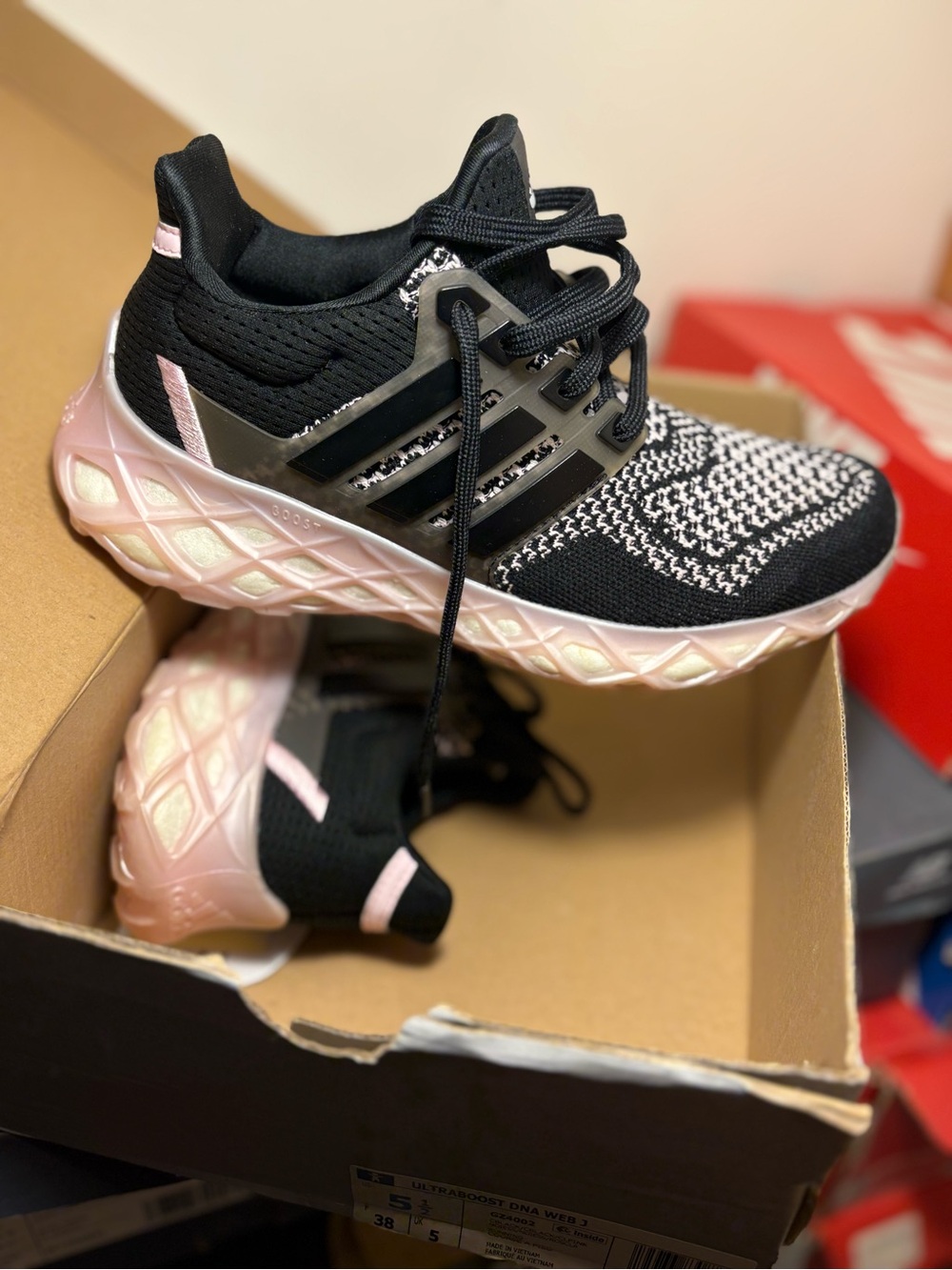 adidas Kids Black and Pink Knit Lace-Up Sneakers